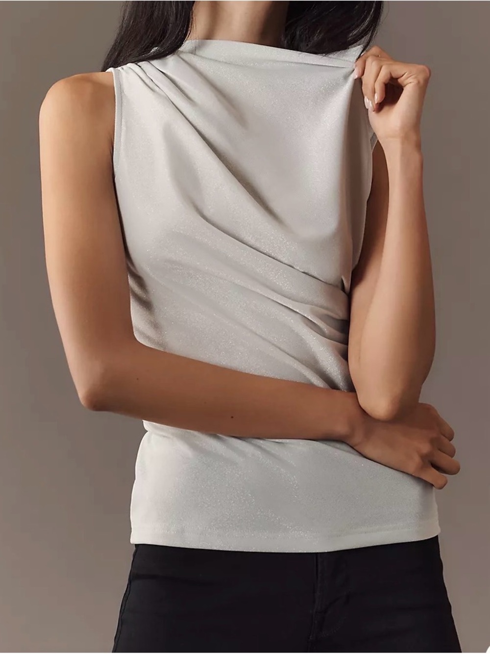 New Dolan Mock Neck Shine Top Sleeveless Draped Neck Silver Medium